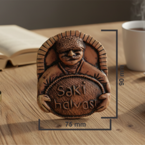 Handcrafted 3D ceramic relief magnet of a Sheki Halvachi master in traditional attire presenting a copper tray of latticed halva, made by Gilchi Ceramics Art Studio.