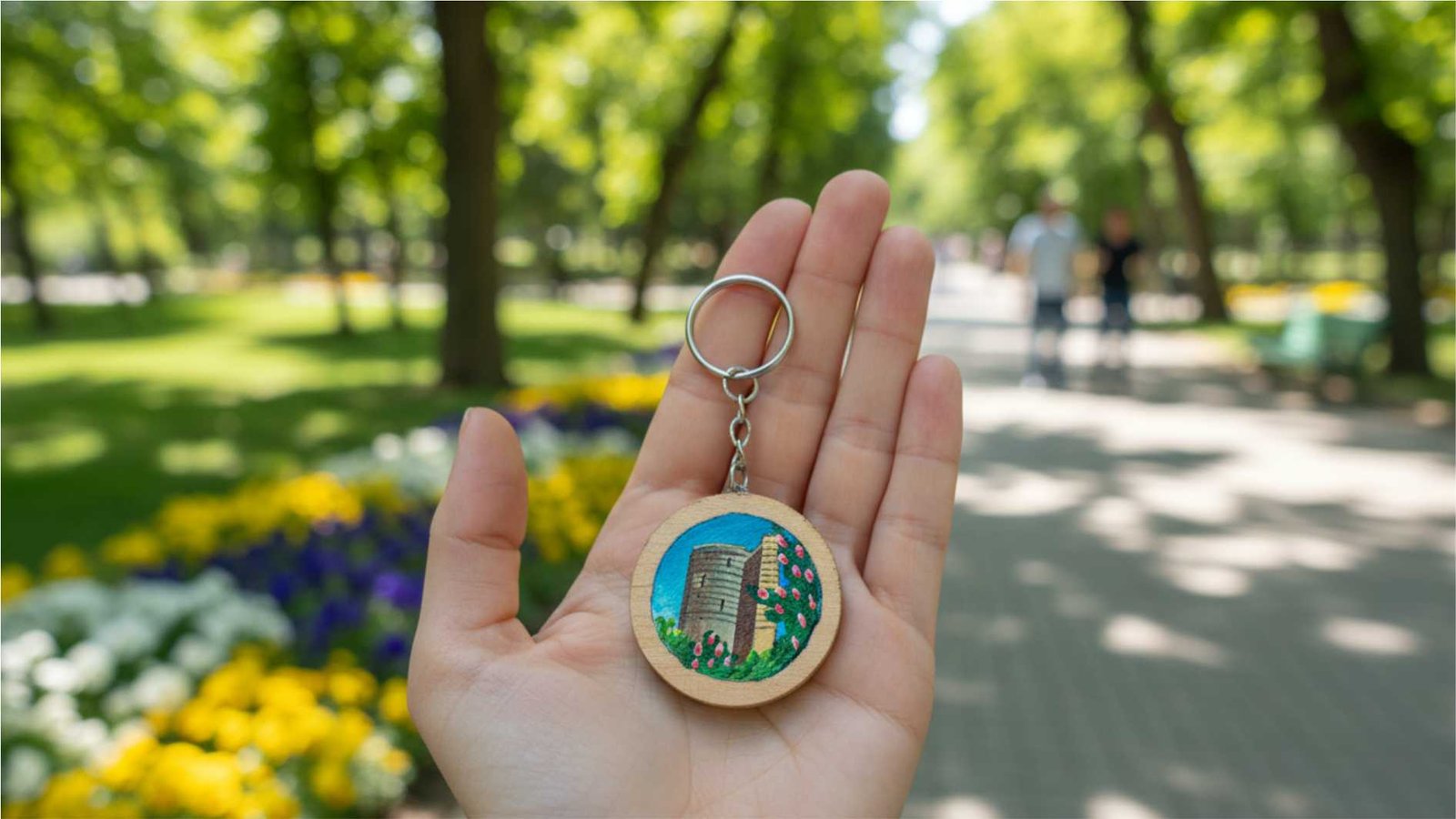 Hand-painted Maiden Tower on a circular natural wood keychain, 45mm diameter, 10g weight, by Artirs Family Craft.