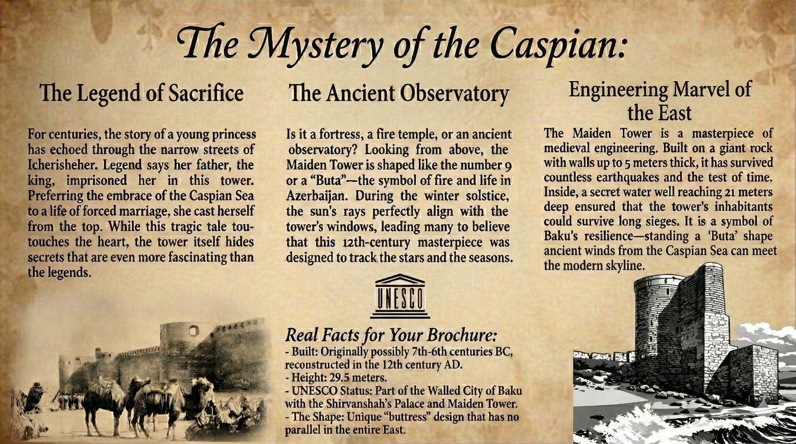 A vintage-style digital brochure about the Maiden Tower in Baku, Azerbaijan, featuring historical legends, the ancient observatory theory, and engineering facts on an aged parchment background with black-and-white illustrations.