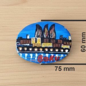 Hand-painted 3D acrylic relief artwork on natural slate stone depicting Baku's night skyline with the three Flame Towers glowing, made by Artirs Family Craft master artisans.
