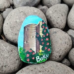 Hand-painted Maiden Tower on a smooth natural river stone magnet, 60mm by 40mm, Artirs Family,