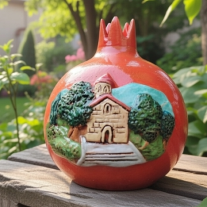 A vibrant red handcrafted ceramic pomegranate souvenir featuring a detailed 3D relief of the Kish Albanian Church, created by Artirs Family Craft in Sheki.