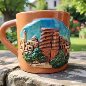Handcrafted ceramic mug featuring a 3D relief of the Maiden Tower and Old City (Icherisheher), handmade by Artirs Family.