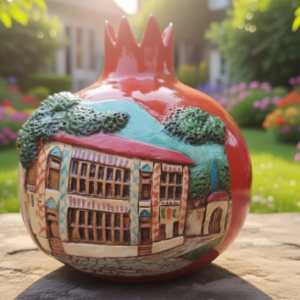 Handcrafted red 3D ceramic pomegranate with detailed relief of Sheki Khan's Palace, handmade by Artirs Family.