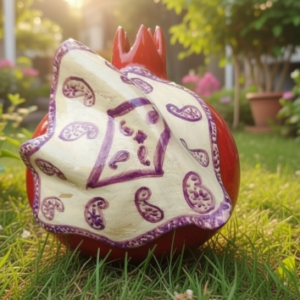 handcrafted ceramic pomegranate with traditional silk kelaghayi detail