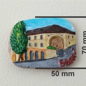 3Handcrafted 3D ceramic relief magnet of the historic Sheki Yukhari Karvansaray featuring detailed architectural arches, made by Artirs Family Craft.