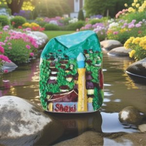 Handcrafted 3D ceramic relief magnet featuring a panoramic view of Sheki Old City with red-tiled roofs and mountains, by Artirs Family Craft.
