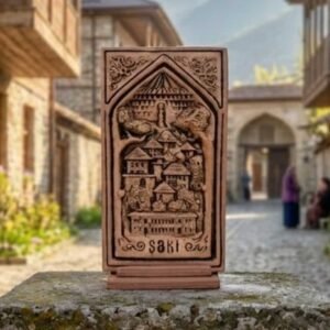 A unique handcrafted 1-of-1 ceramic plate featuring a detailed 3D relief panorama of old Sheki streets and houses, resting on a natural wooden display stand, created by KÜP Ceramics House.