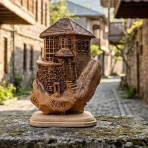 A high-definition front view photograph of the unique KÜP Ceramics House handcrafted 1-of-1 ceramic plate, showcasing a detailed 3D relief panorama of a two-story historic Sheki house facade with a red kiremit tile roof and intricate Shebeke lattice windows on a raw matte clay surface, certified authentic by master Kamran Ibrahimkhalilov.
