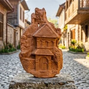 A high-definition front view of the unique 1-of-1 KÜP handcrafted ceramic plate showcasing a detailed 3D relief of a Sheki house on a mountain landscape with raw matte clay texture.