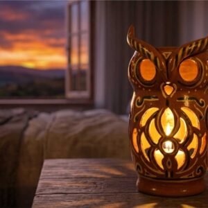 The rear view of the KÜP Sheki Owl ceramic night light, showing the circular opening for placing a tealight candle inside the handcrafted vessel.