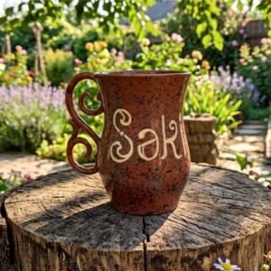 A high-definition front view of the unique 1-of-1 KÜP handcrafted ceramic mug featuring the stylized Şəki calligraphic script and white geometric carpet motifs on a matte raw clay exterior.