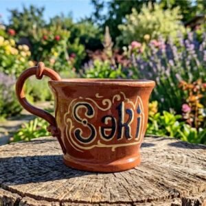 A unique handcrafted 1-of-1 ceramic mug featuring fine hand-painted geometric carpet motifs and stylized Sheki calligraphy on a matte raw clay exterior, with a contrasting glossy cobalt blue handle, by KÜP Ceramics House.